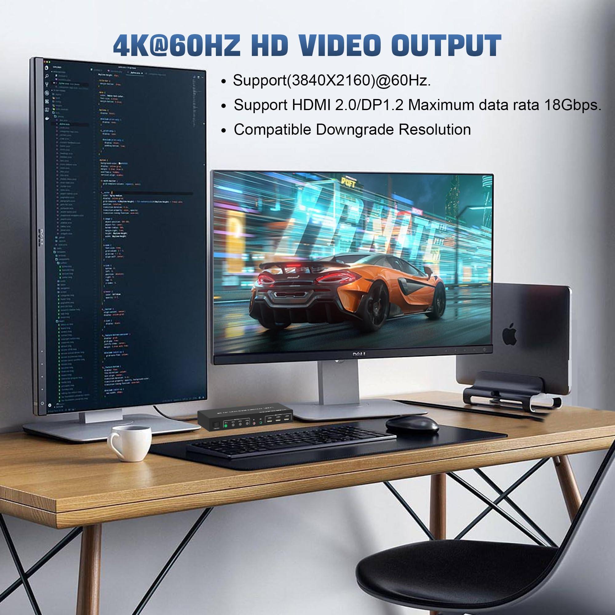 Arkidyn Plus Displayport+HDMI Dual Monitor KVM Switch for 4 PCs, 4K 60Hz KVM Switch 2 Monitors 4 Computers, with Audio Microphone Output and 3 USB 2.0 Ports, HDMI+DP Monitor Switch for 4 PCs 2 Monitors