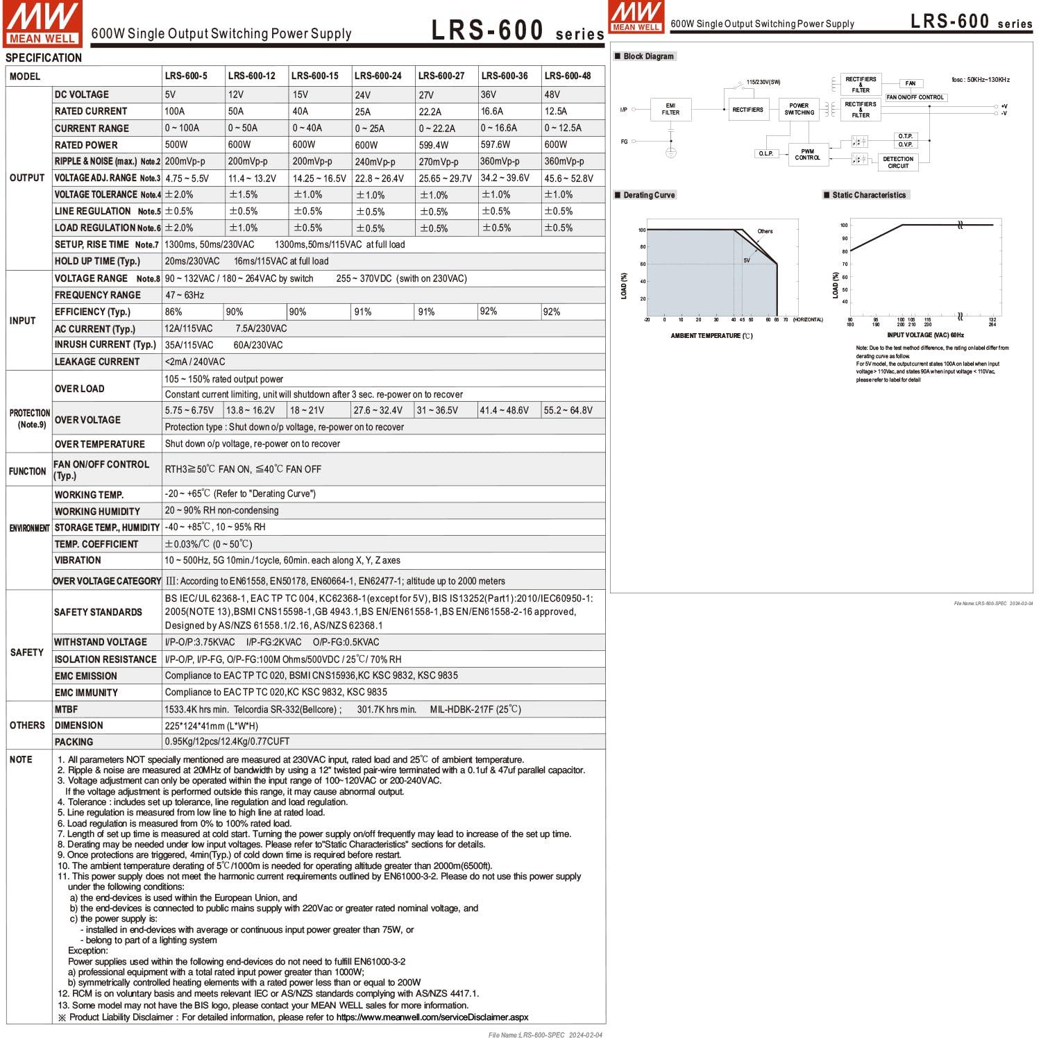 Generic Mean Well LRS-600-48 48V 600W Single Output Switching Power Supply, 90-302VAC/255-370VDC Input, 12.5A, 1U Low Profile, 5G Vibration Resistant, Industrial Automation, UL/BS/IEC 62368-1 Certified