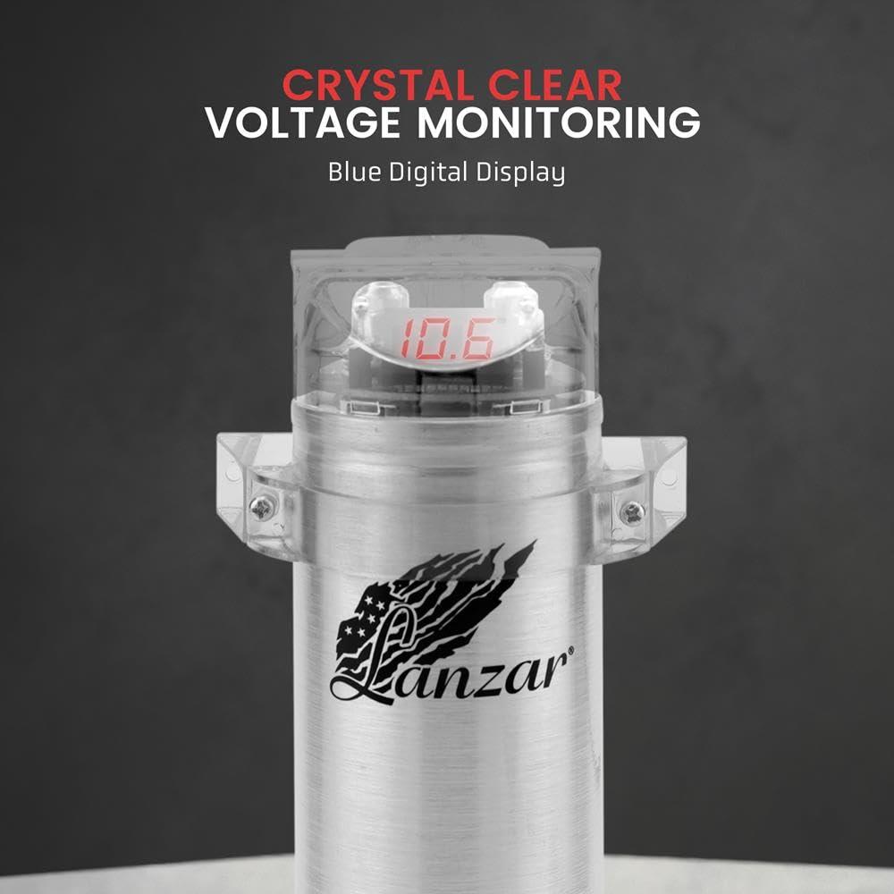 Lanzar Lanzar 2.2 Farad Digital Power Capacitor, High-Performance Car Audio Accessory with Blue Digital Display Voltage Readout and LED Flash, Over Voltage Protection, Mounting Hardware, DC 12-24V