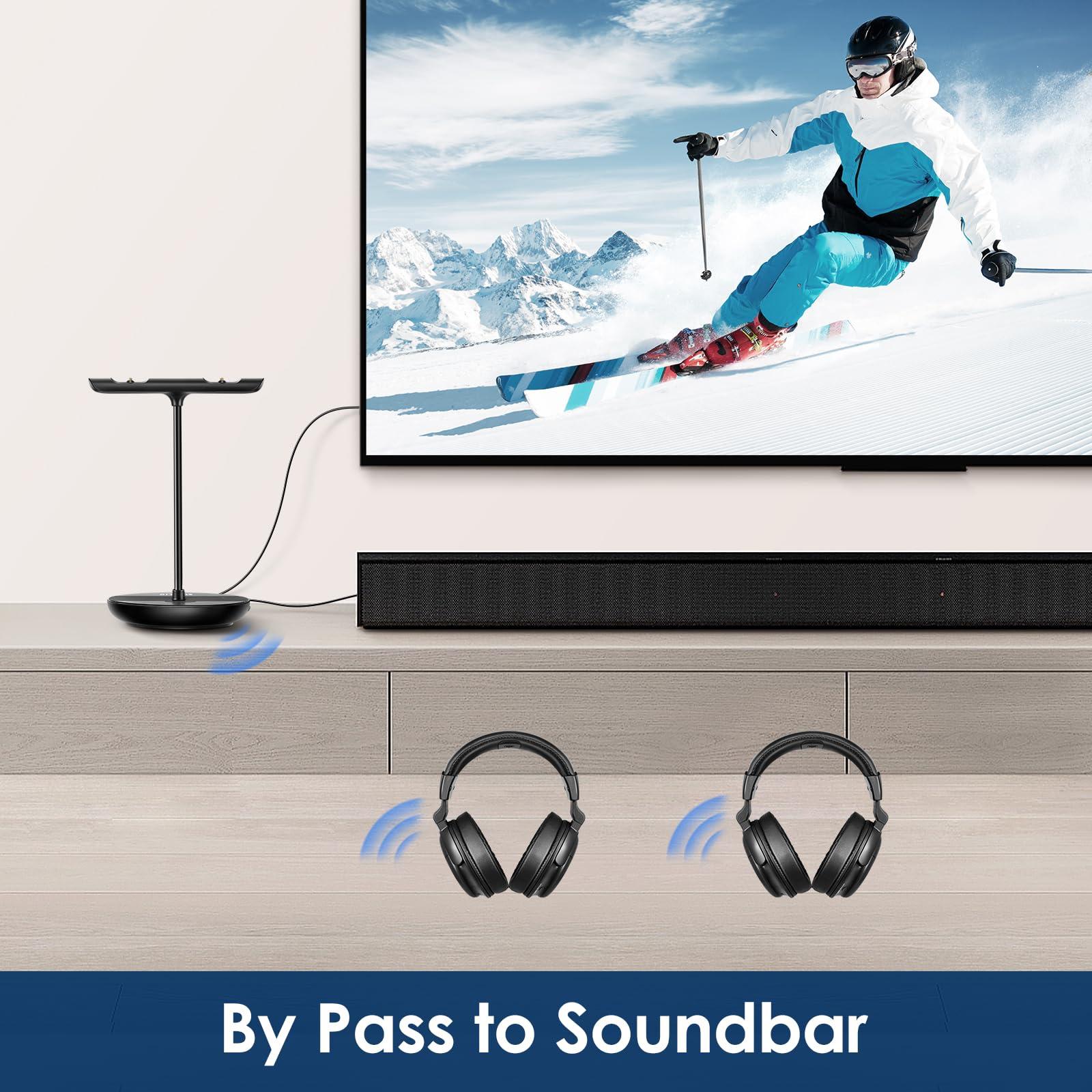 SIMOLIO SIMOLIO Dual Wireless TV Headphones with 2 Spare Batteries/Transmitter/Charging Stand 2-in-1, Wireless TV Headphones w/Dialogue Clarity & BAL & Tone Control, by-Pass, 100ft Range