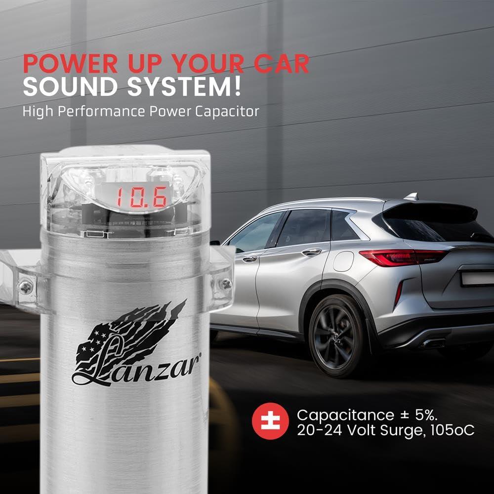 Lanzar Lanzar 2.2 Farad Digital Power Capacitor, High-Performance Car Audio Accessory with Blue Digital Display Voltage Readout and LED Flash, Over Voltage Protection, Mounting Hardware, DC 12-24V