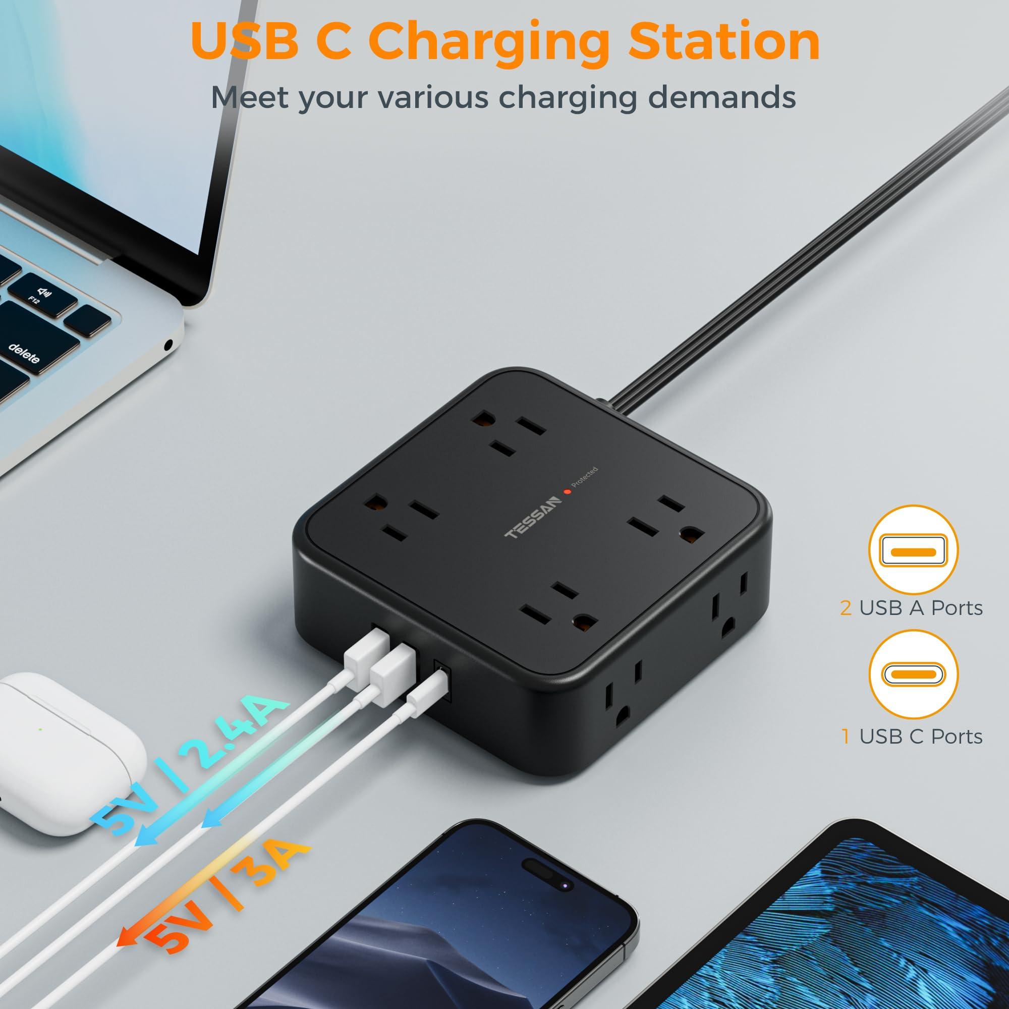 TESSAN Long Extension Cord 25 FT, TESSAN Ultra Thin Flat Plug Power Strip Surge Protector with 8 AC Outlets, 3 USB Charger(1 USB C), 900J Protection Black Charging Station for Home, Office, Dorm Essentials