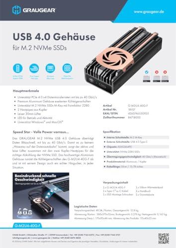 GRAUGEAR GRAUGEAR 40Gbps M.2 NVMe SSD Enclosure, USB4 NVMe SSD Enclosure with Cooling Fan and Dual-Pipe Heatsink Aluminum, Thunderbolt 4/3, ASM2464PD Chip