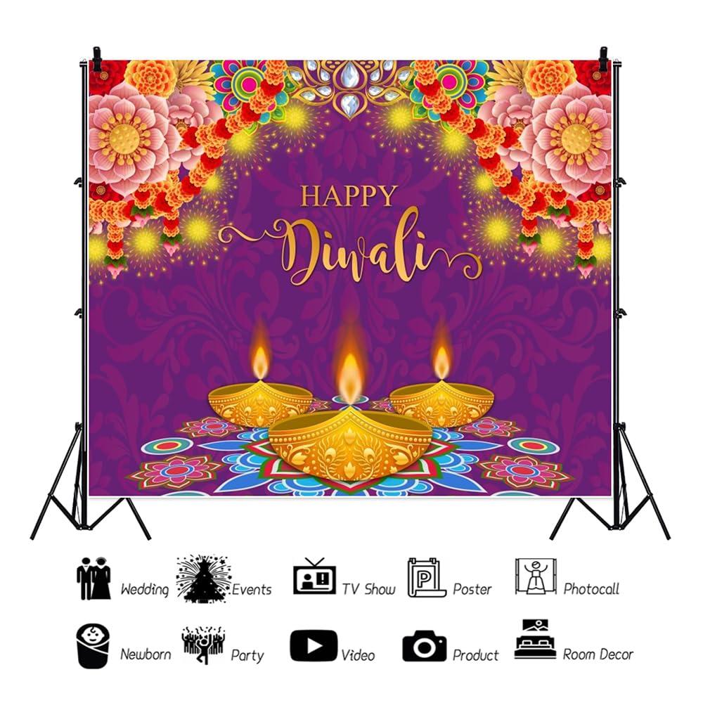 Pnylzzyxh Pnylzzyxh Happy Diwali Backdrop Diwali Party Decorations Deepavali Festival of Lights Backdrop Marigold Floral Party Banner Photography Background Studio Props 10x10ft