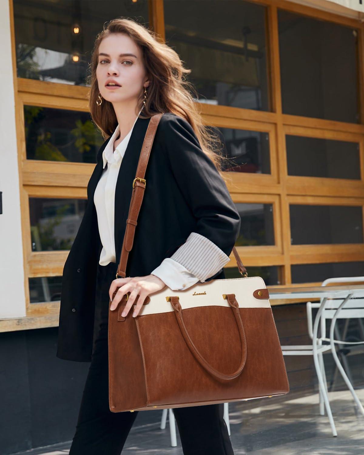 LOVEVOOK LOVEVOOK Laptop Bag for Women, Vintage Leather Laptop Tote Bag Work Bags for Women, Waterproof Computer Bag Business Office Briefcase Large Shoulder Handbag Purse, 17 Inch, Brown-Beige