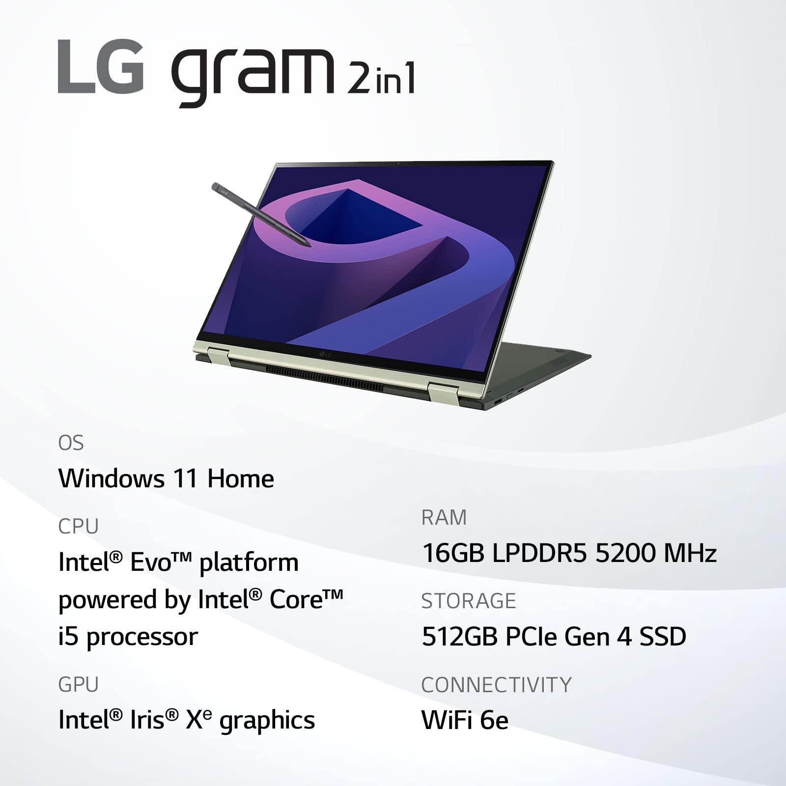 LG LG gram Laptop 16T90Q 2-in-1 16" Touchscreen, Intel Evo 12th Gen Core i5, 16GB RAM, 512GB SSD, Windows 11, Green