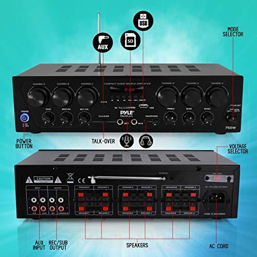 Pyle Pyle Wireless Bluetooth Home Audio Amplifier System-Upgraded 6 Channel 750 Watt Sound Power Stereo Receiver w/USB, Micro SD, Headphone,2 Microphone Input w/Echo, Talkover for PA - PTA62BT.5