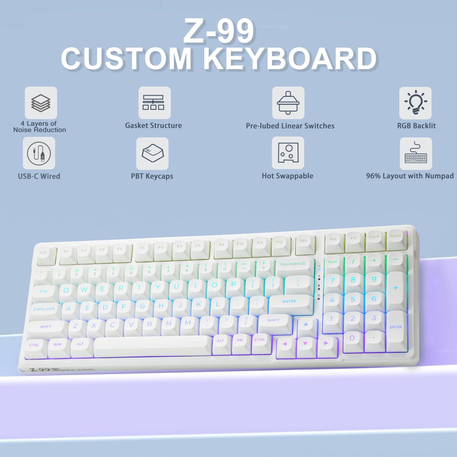 HUO JI HUO JI E-Yooso Creamy Mechanical Keyboard Wired, Hot Swappable, Pre-lubed Linear Switches, Gasket Structure with Sound Dampening Foam, RGB Backlit, 99 Keys Custom Gaming Keyboard for PC/Mac,White