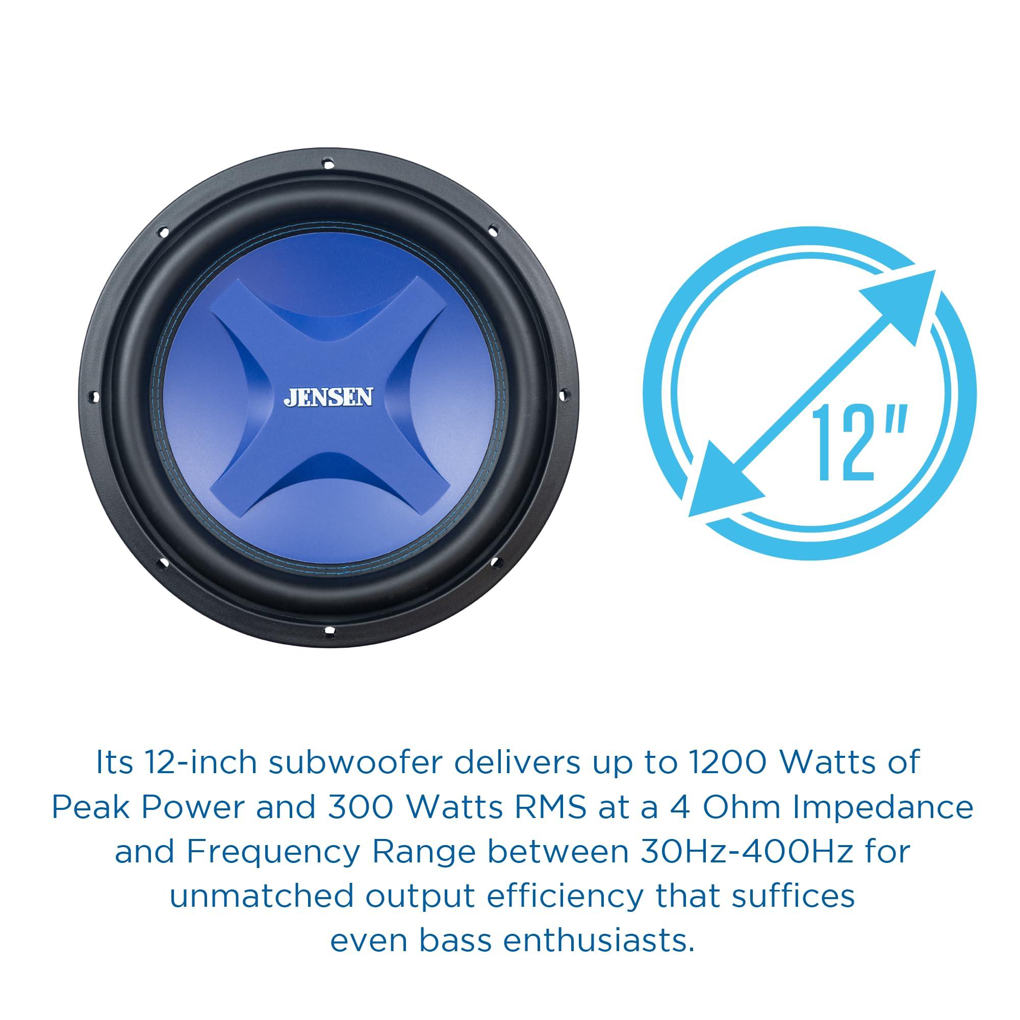 Jensen Jensen J4W12 12-Inch Subwoofer | 1200 Watts Peak Power | Blue Woofer Cone with Double Stitched Rubber Surround