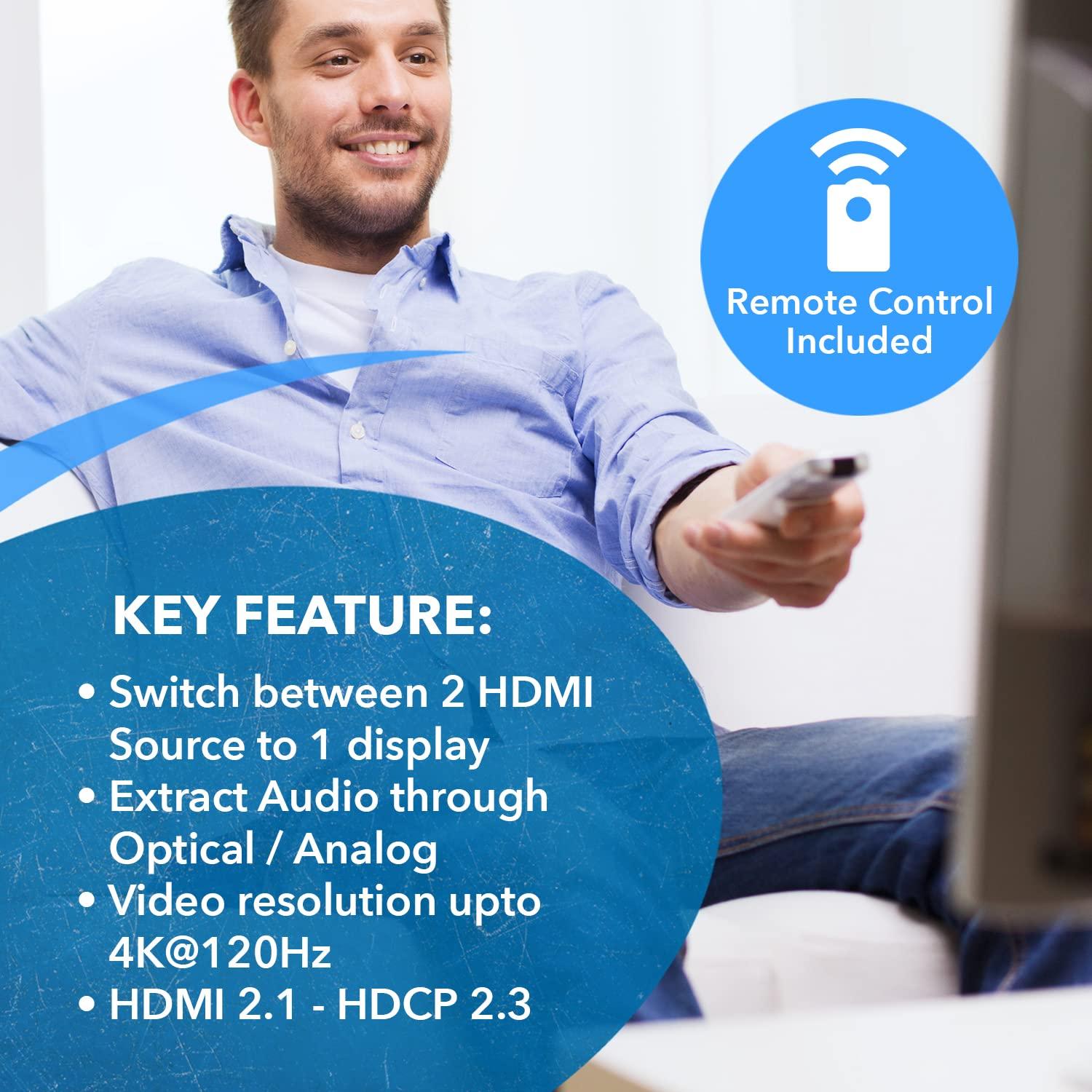 OREI OREI 8K HDMI 2.1 Switch 4K@120hz Switcher 2 in 1 Out, with Audio Extraction 48Gbps Bandwidth, Ideal for Gaming and Streaming (BK-21A)