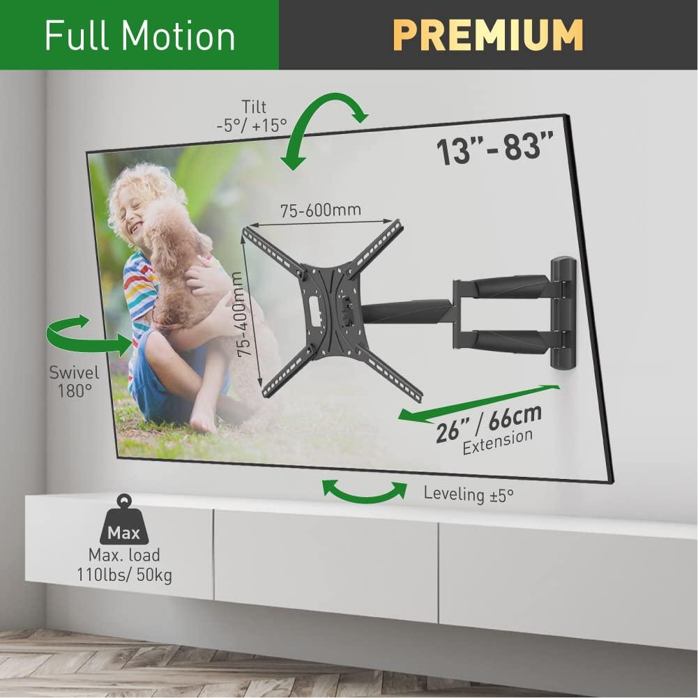 Barkan Barkan 26" / 66cm Long TV Wall Mount, 13-83 inch Full Motion Articulating - 4 Movement Premium Flat/Curved Screen Bracket, Holds up to 95lbs, Extremely Extendable, Fits LED OLED LCD