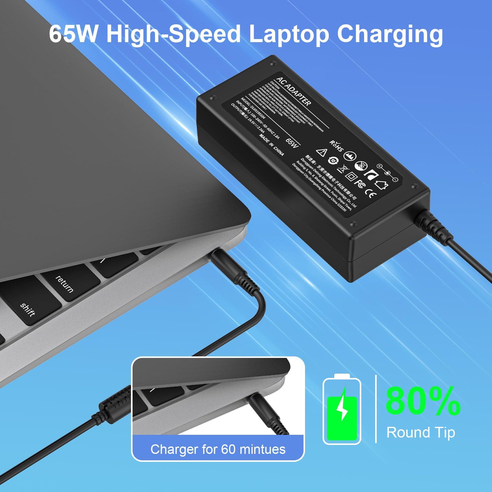 Jippofu 65W Charger for Dell Laptop Charger,Replacement Computer Charger for Dell Inspiron 13 3000 5000 7000 14 7420 15 3520 16 5630 Latitude 5490 5420 AC Adapter Power Supply Cord,Round Tip7.4mm&4.5mm