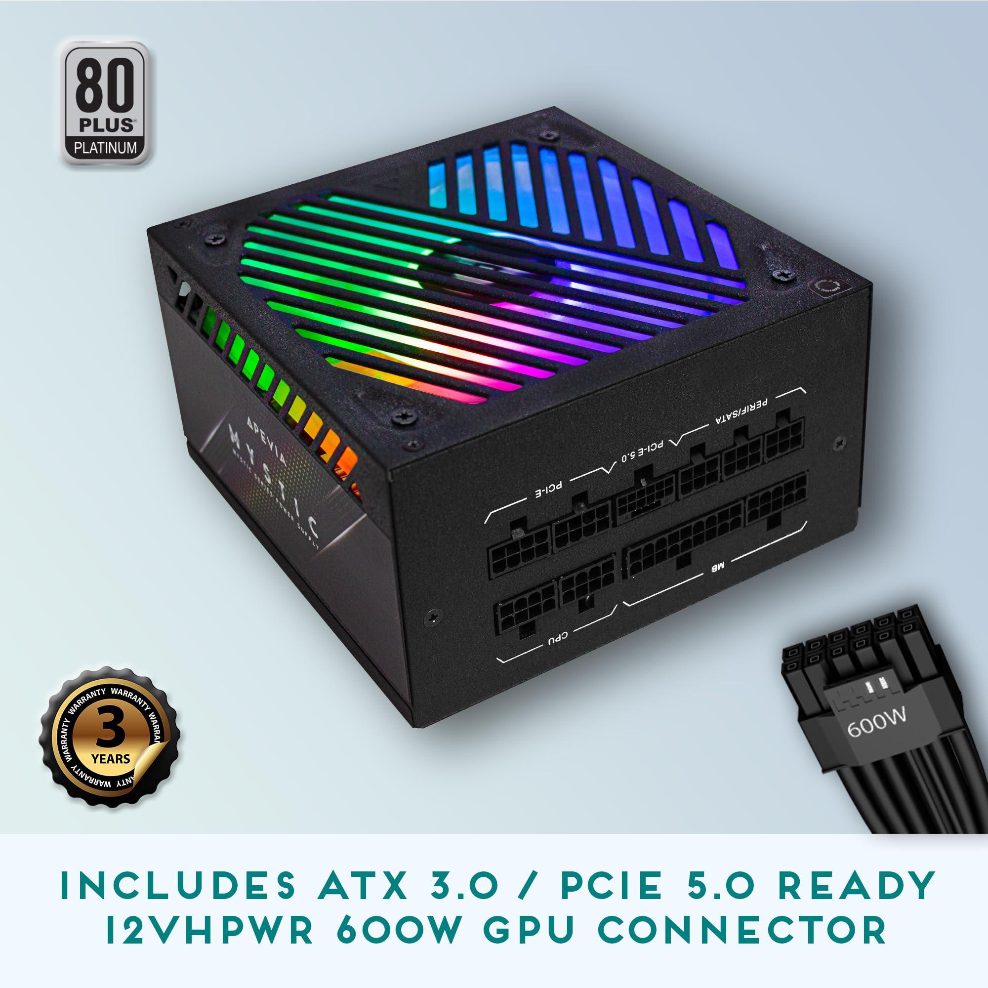 Apevia Apevia ATX-MT1200W Mystic 1200W Fully Modular 80+ Platinum Certified, PCIe 5.0 & ATX 3.0 Ready Active PFC ATX RGB Gaming Power Supply, Includes Gen 5 12VHPWR Connector & 366 RGB Light Modes