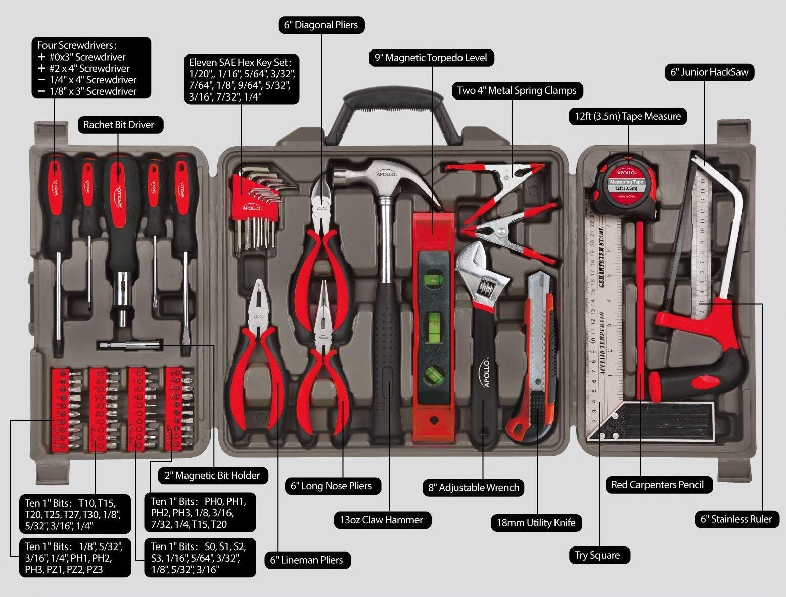 Apollo Tools Apollo Tools 71 Piece Complete Household Tool Set with Clamp, Hacksaw, Carpenter Square, Screwdriver and Plier Sets for College, Home Repairs and DIY - Red - DT0204