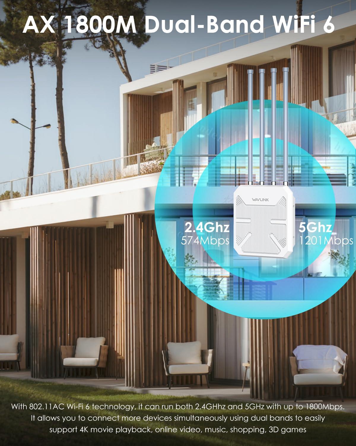 WAVLINK WAVLINK Outdoor WiFi Extender AX1800 Dual Band Long Range WiFi Extender with PoE, IP67 Weatherproof, 4x8dBi High-gain Antennas, Outdoor Access Point for Farm, Courtyard, Factory, Campsite, Gazebo