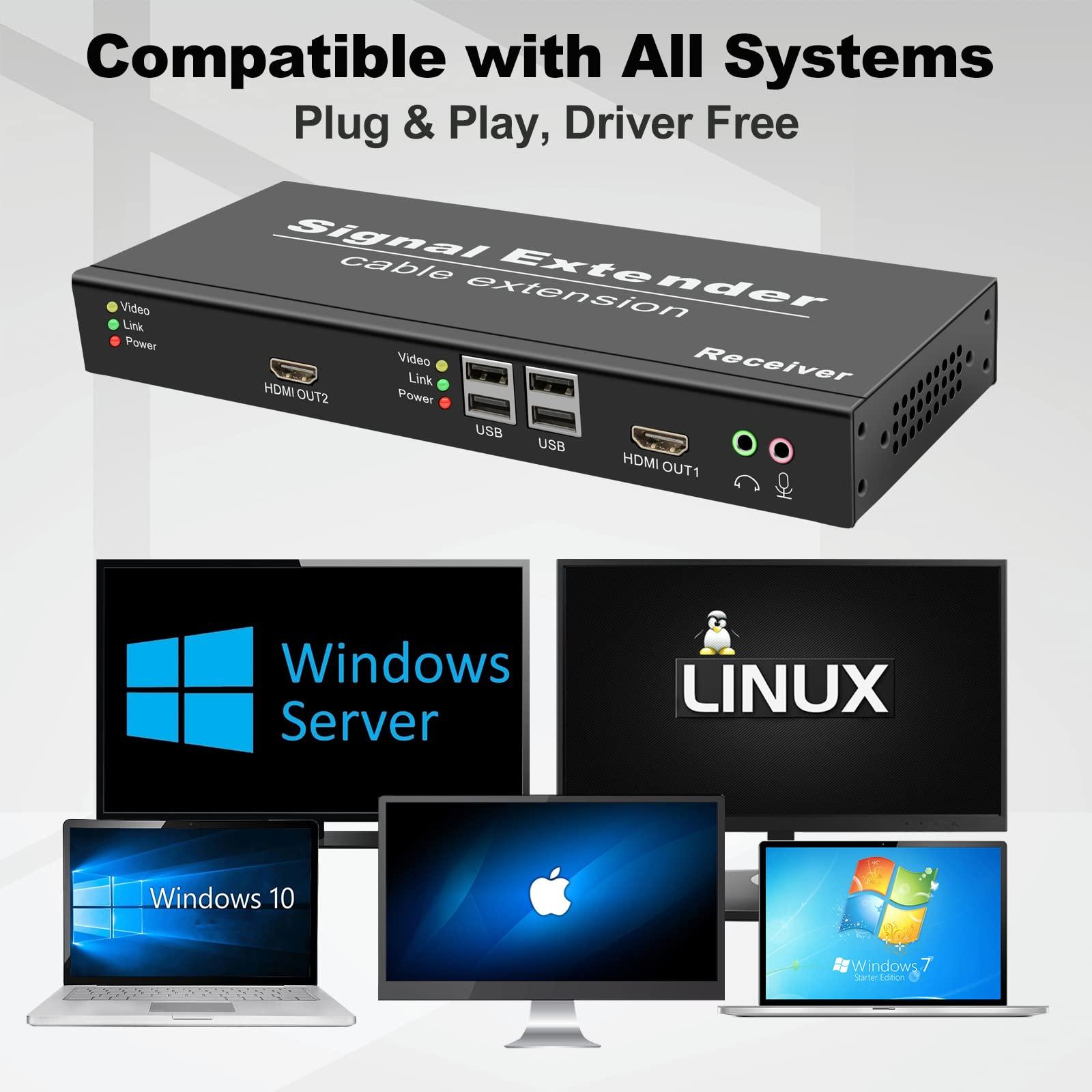 LornCeng Dual Monitor KVM Extender Over Cat5e/6/7 up to 120M(394ft), 4K@30Hz Dual HDMI KVM Extender for 2 Monitors, 2 rj45 Ports, 4 USB2.0 Hub Over Ethernet, Audio&Microphone