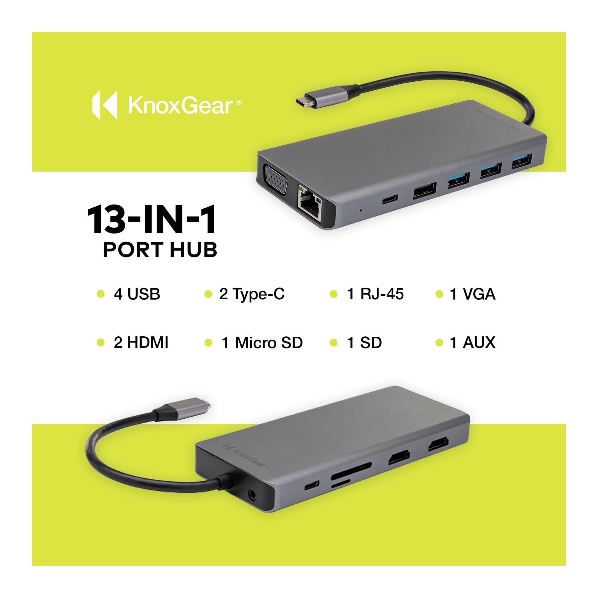 Knox Gear Knox Gear Kernel 13-in-1 USB-C Power Delivery Charging Port Hub, USB C Hub, 2 HDMI Ports, SD and MicroSD Card Slots, Data Transfer Rate of 5 Gbps, Multiport Adapter Compatible with Mac and PC Devices