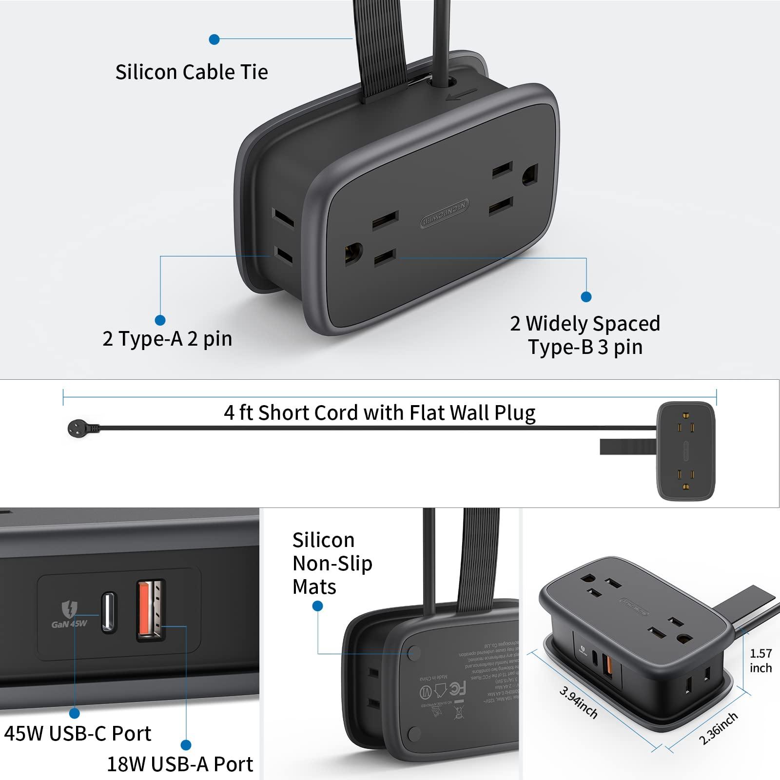 NTONPOWER Travel Power Strip with USB C, 2 Pack, GAN 63W USB-C Port, 4 Outlets 2 USB (1 USB-C), 4 ft Extension Cord Retractable, Compatible with Phone, MacBook Pro, ipad and Bank Hotel Nightstand Desktop Dorm