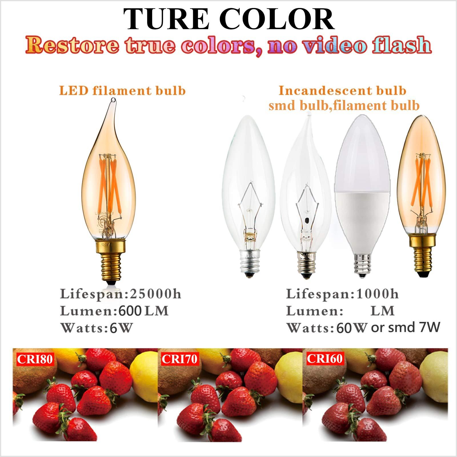 LiteHistory LiteHistory Dimmable 4W 2200K Amber CA10 led Bulb E12 Candelabra led 250lm, Warm White, 40W Flame tip 6Pack