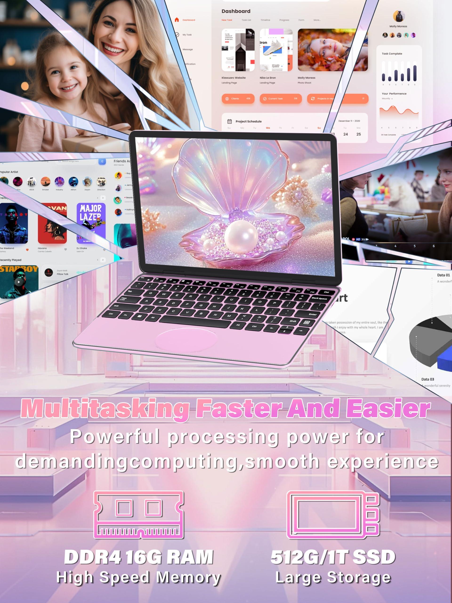 Svikou Svikou 11\" Touchscreen 2-in-1 Convertible Pink Laptop for Business&Students, in tel N100 CPU,16G DDR4 RAM,512G SSD,FHD 1920 * 1200 IPS,Win 11 Pro PC,Backlit Keyboard, WiFi, Type-C,HDMI, Oval Trackpad