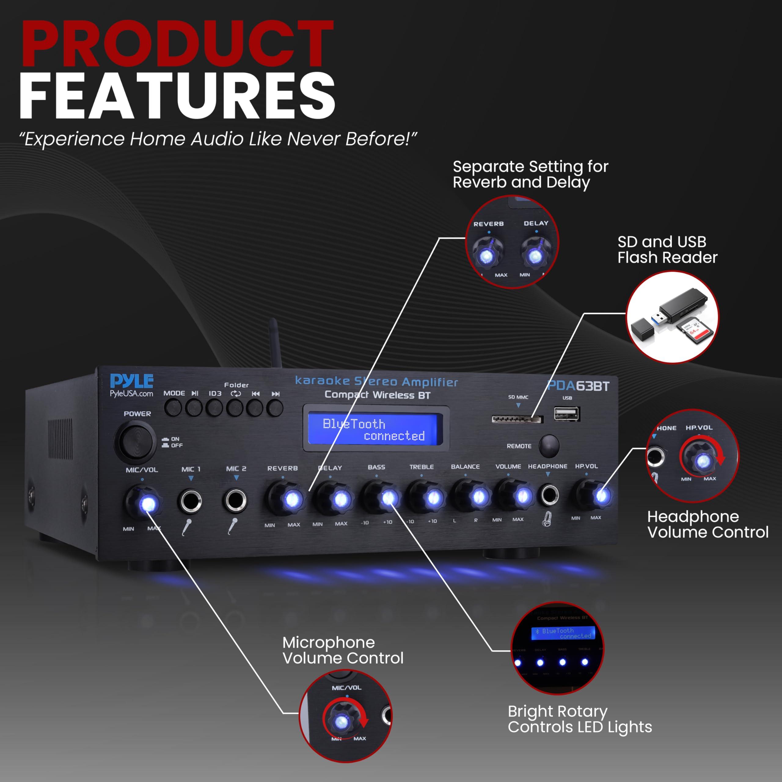 Pyle Pyle Wireless BT Stereo Amplifier - Multi Channel, 200 Watt Power, Home Audio Receiver System with FM Radio, BT, USB SD, AUX, RCA, Mic-in, BT and FM Antenna