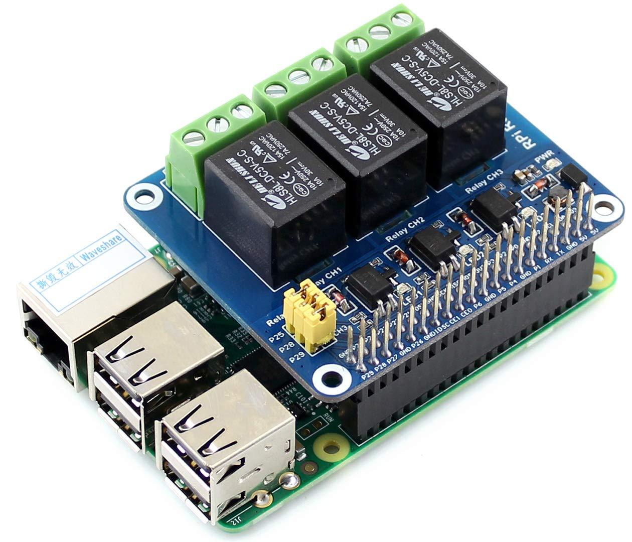waveshare 3-CH RPi Relay Board RPi Expansion Board, Three Channel Power Relay Module Compatible with Raspberry Pi 5/4B/3B+/3B/Pi Zero W/Zero 2W/Pico/Pico W/Pico 2/Pico 2W, Loads up to 5A 250V AC or 5A 30V DC