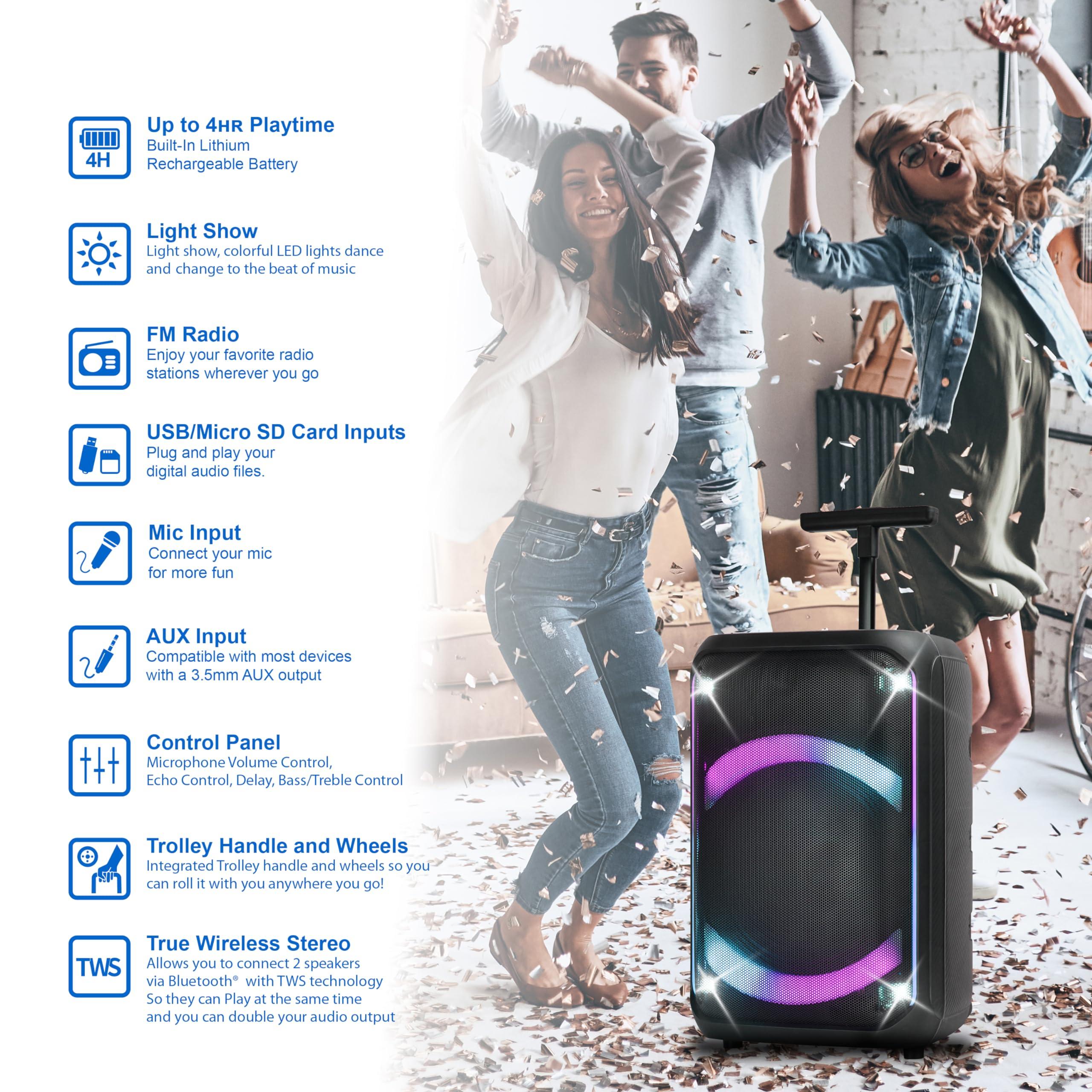 Supersonic IQ Sound IQ-5912DJBT 12-inch Portable Bluetooth Speaker with True Wireless Stereo, Colorful LED Lights, Full Control Panel, USB, Micro SD, AUX Inputs, FM Radio, Mic Input - Perfect Sound Companion