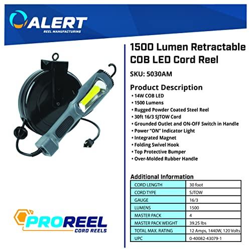 Alert Alert ProReel 5030AM Retractable Cord Reel w/LED Work Light | 30\' - 16/3 SJTOW Task Light Cord | 14W LED Shop Light Provides 1500 Lumens | Grounded Outlet with On/Off Handle Switch