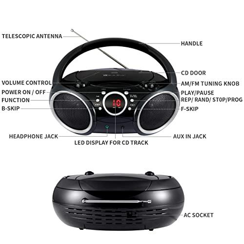 SINGING WOOD SINGING WOOD 030C Portable CD Player Boombox AM FM Analog Tuning Radio, Aux Line in, Headphone Jack, Foldable Carrying Handle (Black with a Touch of Grey Rims)
