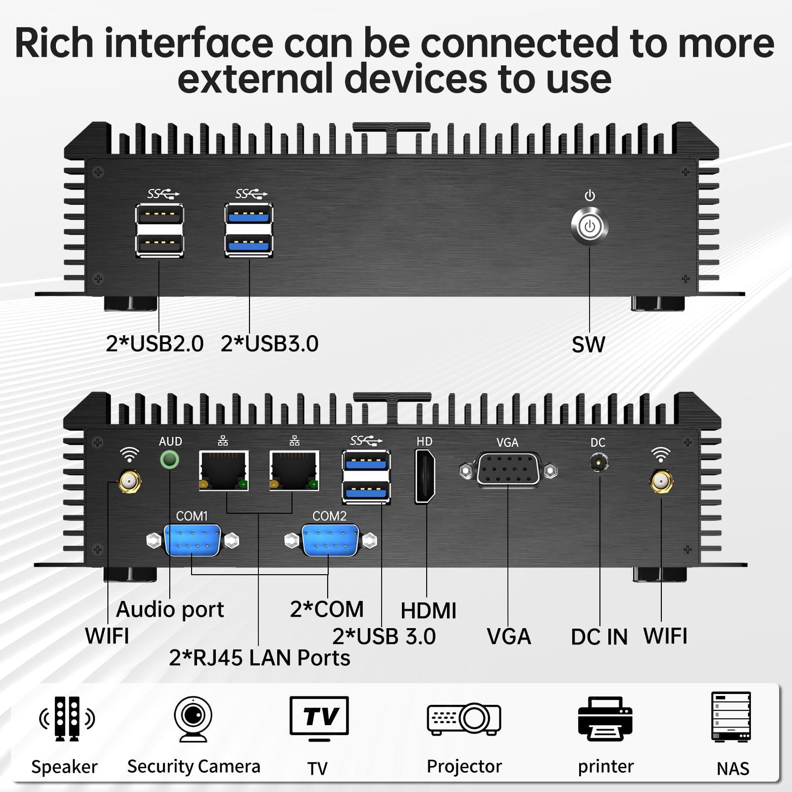 Kinupute Kinupute Fanless Industrial Mini PC, Desktop Computer Core i3-5005U 2.0GHz, Windows 10 Pro, 8G RAM, 128G SSD, 2xNICs, 2xCOM RS232, HDMI/VGA Port, WiFi, Auto Power On, Support 4G Module