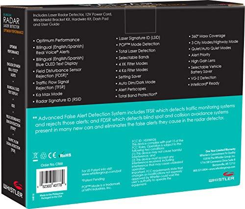 Whistler Whistler CR88 High Performance Laser Radar Detector: 360 Degree Protection and Bilingual Voice Alerts,Black