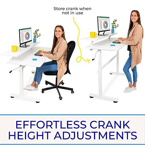 Stand Steady Stand Steady Tranzendesk 55 Inch Standing Desk with Clamp-On Shelf | Crank Height Adjustable Stand Up Workstation with Attachable Monitor Riser | Extra Large Sit Stand Desk Hold 3 Monitors (White)
