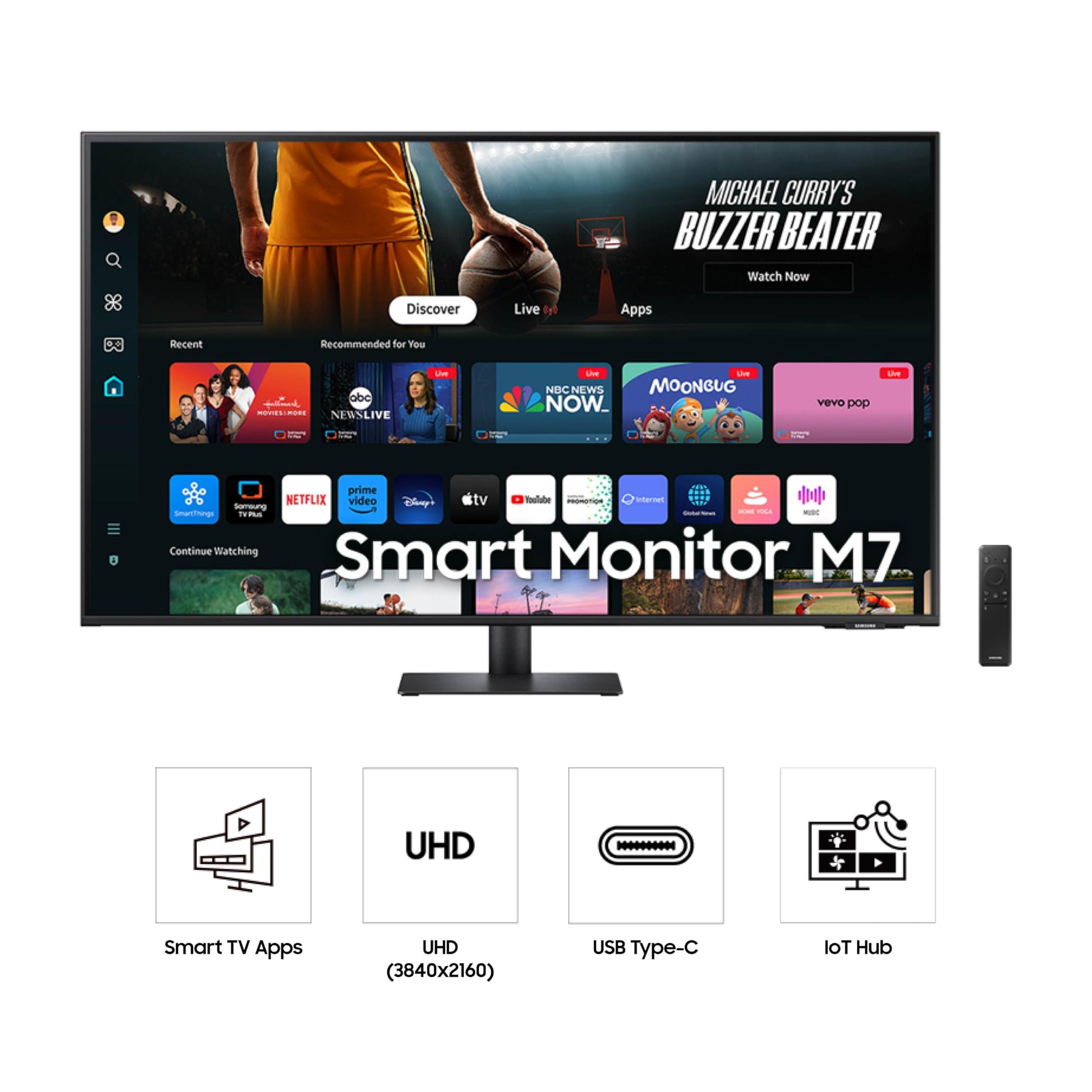 SAMSUNG SAMSUNG 43-Inch M7 (M70D) Series 4K UHD Smart Monitor, Speakers, HDR10, USB-C, Multiple Ports, Gaming Hub, SolarCell Remote, Vision Accessibility Tools, LS43DM702UNXGO, 2024, Black