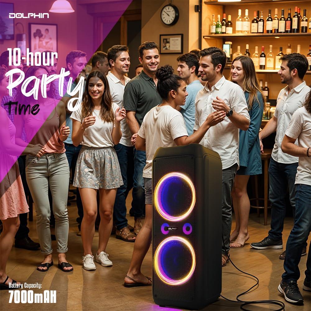 Dolphin Dolphin SP-1270RBT Dual 12-Inch Premium Party Bluetooth Speaker, Bluetooth/USB/SD/FM/AUX, X-Bass, 5-Band EQ, LED Display, Quad Ring Lights