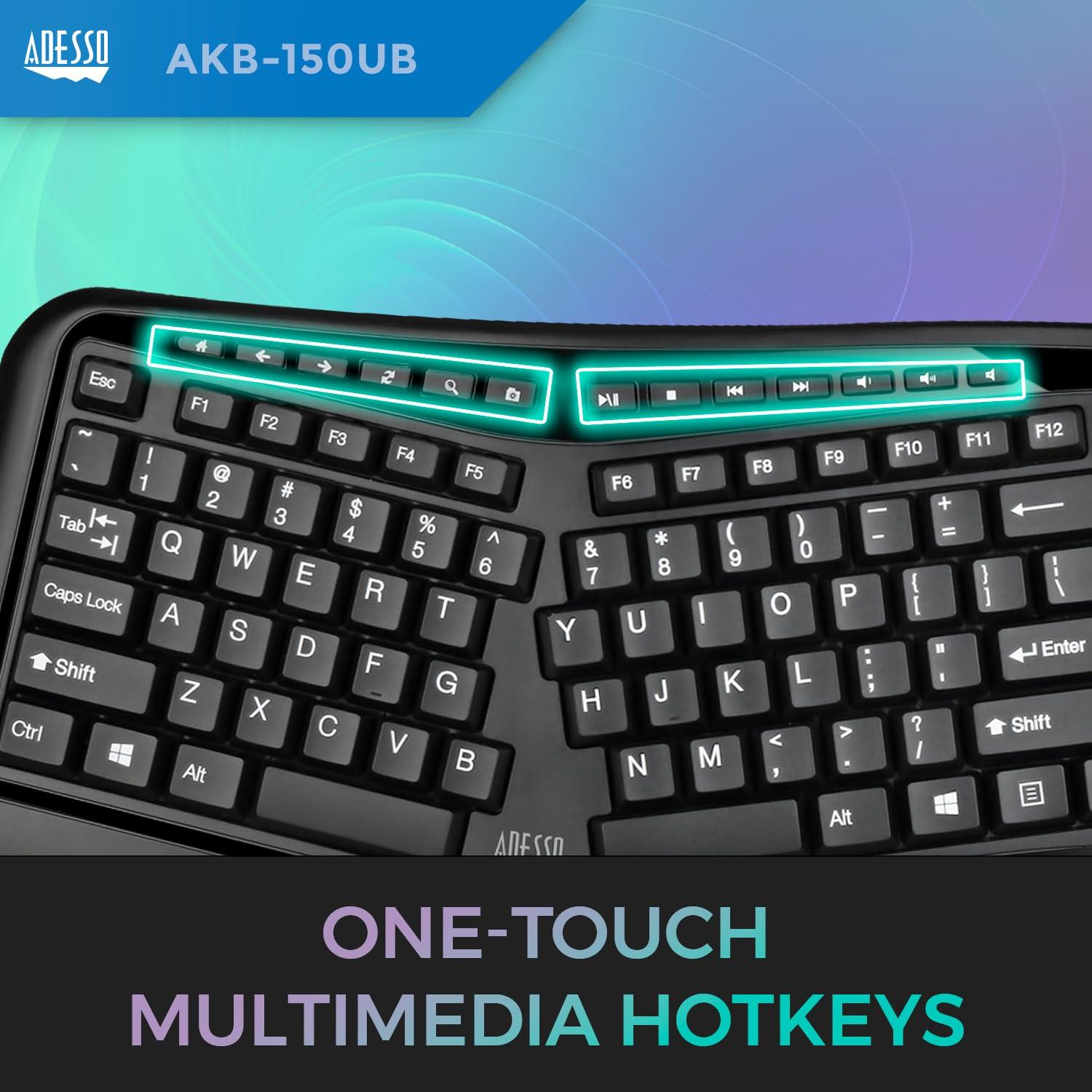 ADESSO Adesso Ergonomic USB Keyboard with Integrated Palm Rest - Split Key Design, Multimedia & Internet Hotkeys, 105-Key US Layout AKB-150UB