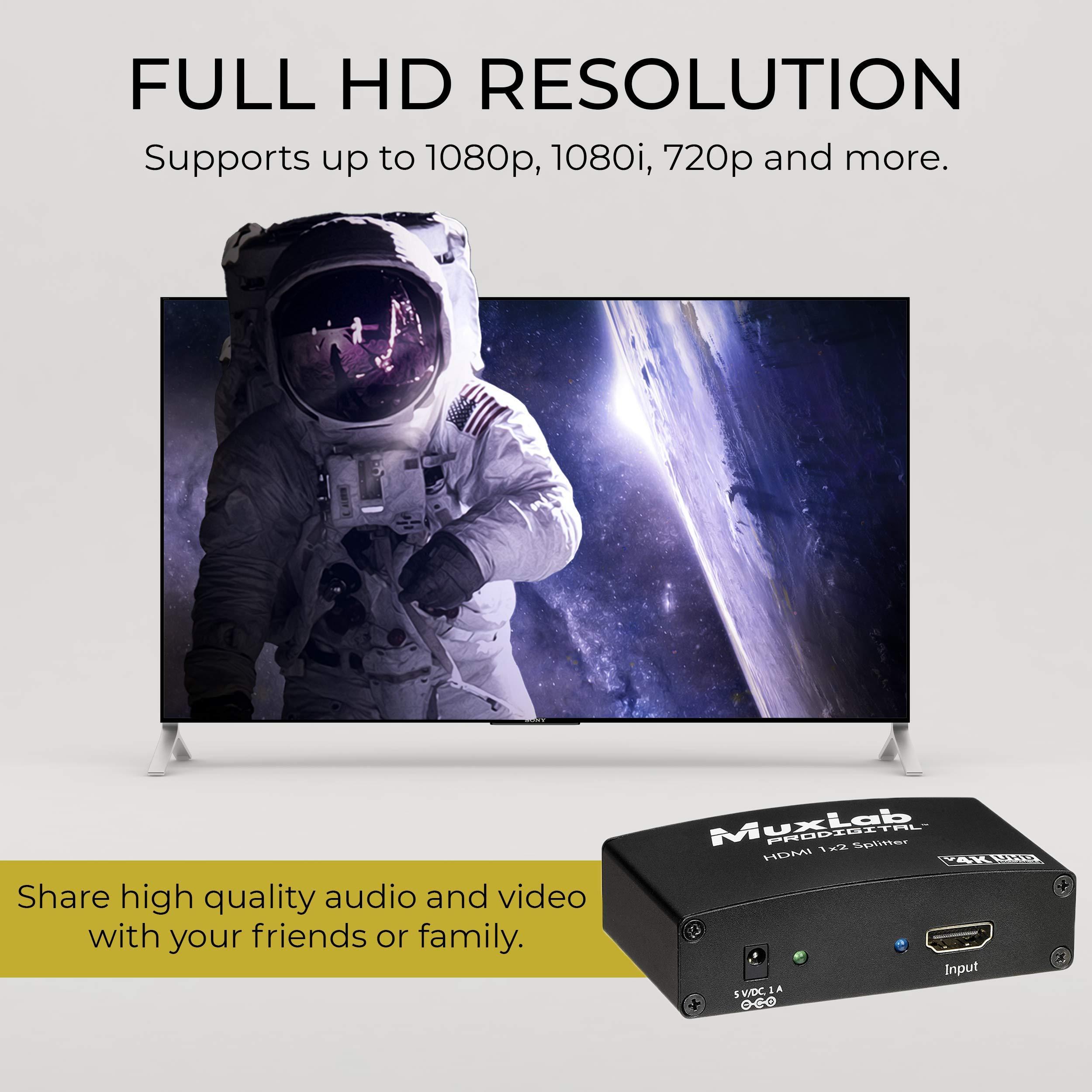 Muxlab MuxLab 1x2 HDMI Splitter 1 in 2 Out, Supports 3D 4K@30HZ Full HD 1080P @ 60Hz for Xbox PS4 PS3 Fire Stick Roku Blu-Ray Player Apple TV HDTV (1 Source to 2 Displays, for Dual Duplicate Monitors)
