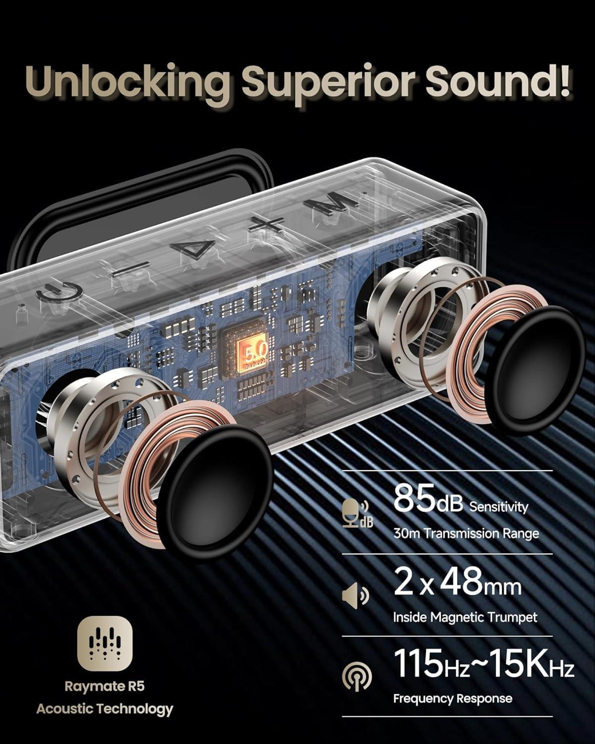 Raymate Raymate Bluetooth Speakers, 20W IPX7 Waterproof Speaker Wireless Bluetooth-V5.0, HiFi Stereo Sound, 1000mins Playtime, Portable Speaker for Home, Outdoor, Party