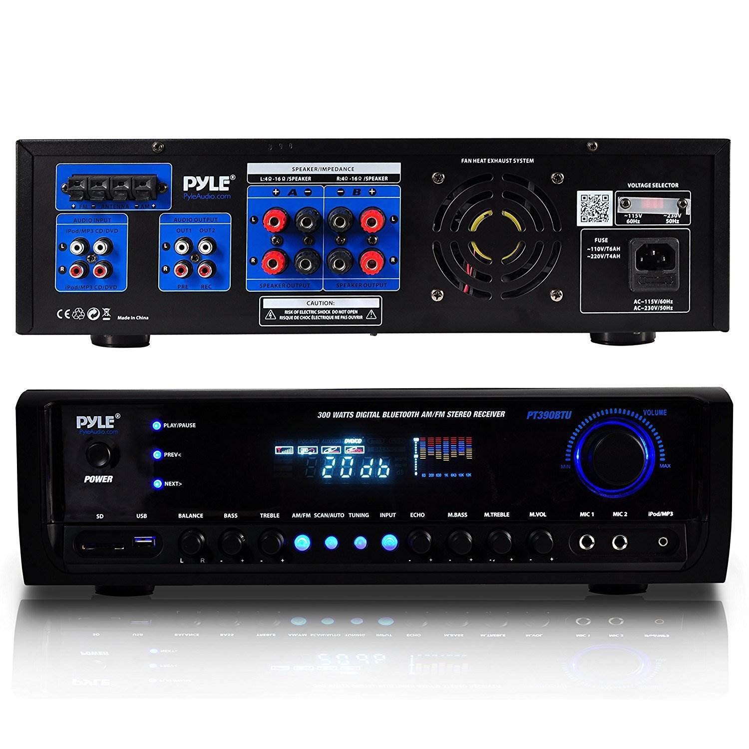 Pyle Pyle Wireless Bluetooth Power Amplifier System- 300W 4 Channel Home Theater Audio Stereo Sound Receiver Box Entertainment w/ USB, RCA, 3.5mm AUX, LED, Remote for Speaker, PA, Studio, Black - PT390BTU