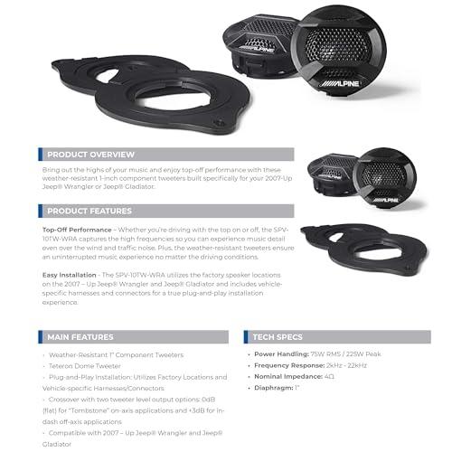 Alpine Alpine SPV-10TW-WRA Weather-Resistant 1 Component Tweeters for 2007+ Wrangler JK/JL & Gladiator JT