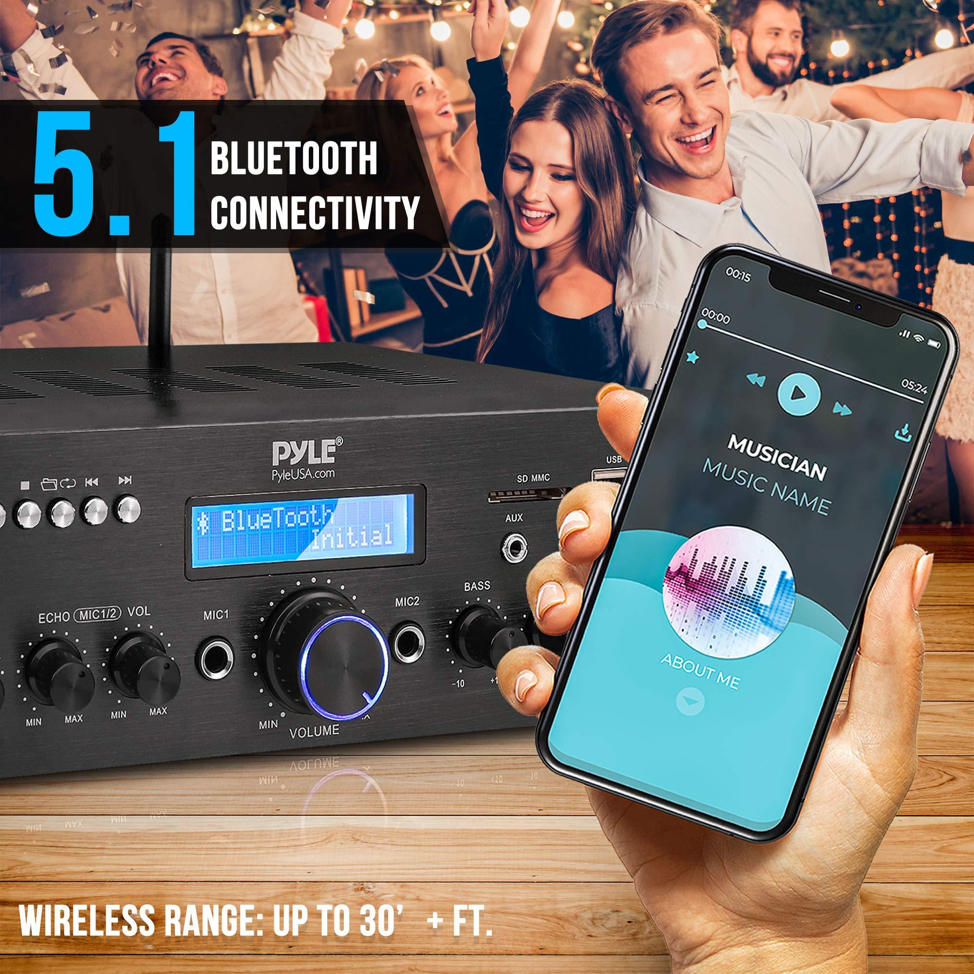 Pyle Pyle Wireless Microphone Bluetooth Amplifier-200W Peak Power Dual Channel Stereo Audio Receiver w/USB,AUX in, Dual Mic Inputs w/Echo Control,RCA Input, For Karaoke,Home Theater,Music Studio- PDA8BUWM