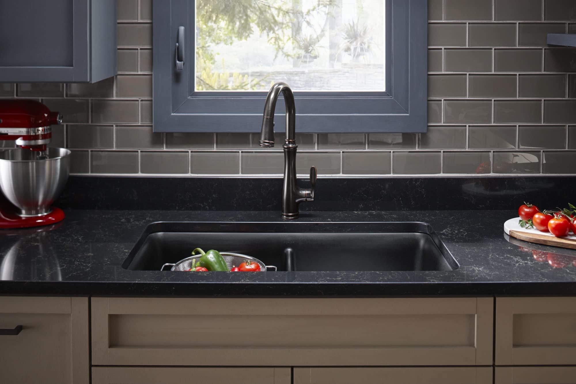 Kohler KOHLER K-8199-CM1 Cairn Sink, 33\" Neoroc Composite Undermount Double-Bowl Kitchen Sink, Composite Kitchen Sink with Sink Rack, Matte Black