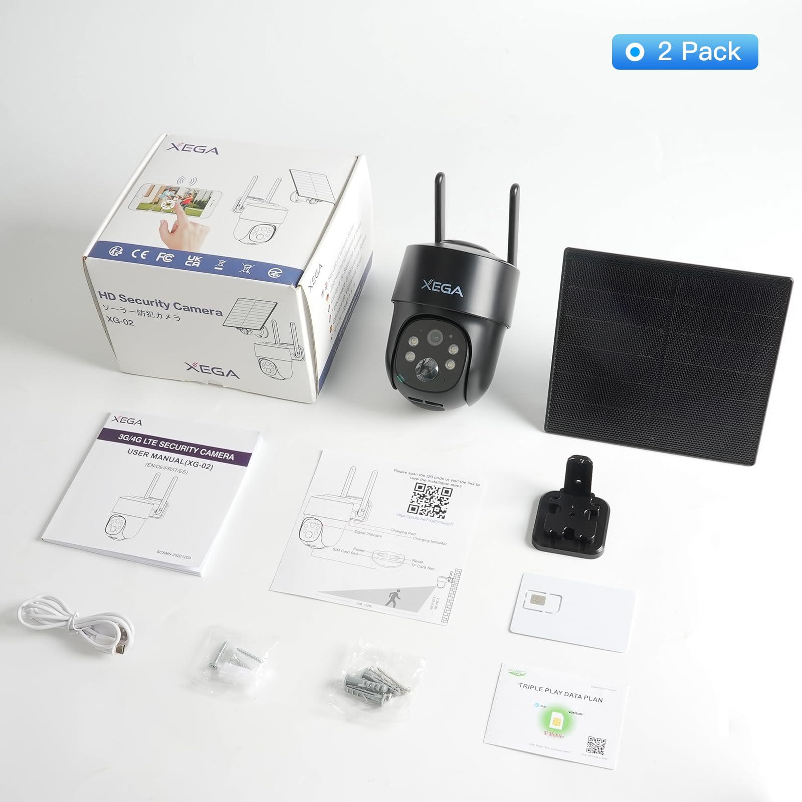 Xega Xega 4G LTE Cellular Security Camera Solar with SIM Card2 Pack Wireless Outdoor No WiFi Security Camera,2K HD PTZ Night Vision Motion Detection 2 Way Talk TF&Cloud Storage IP66, Built-in SIM Card