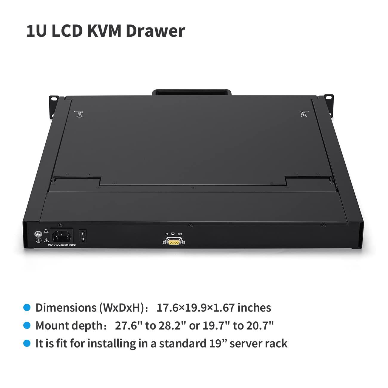 Kinan Rack Mount KVM Console, 19" Rack Mount Monitor, Single Port VGA KVM, 1U LCD KVM Drawer with Keyboard and Touch Pad, 17.6"x19.9"x1.67" (W x D x H),12801024@60Hz, USB/VGA KVM Cable Included,50,000 MTBF