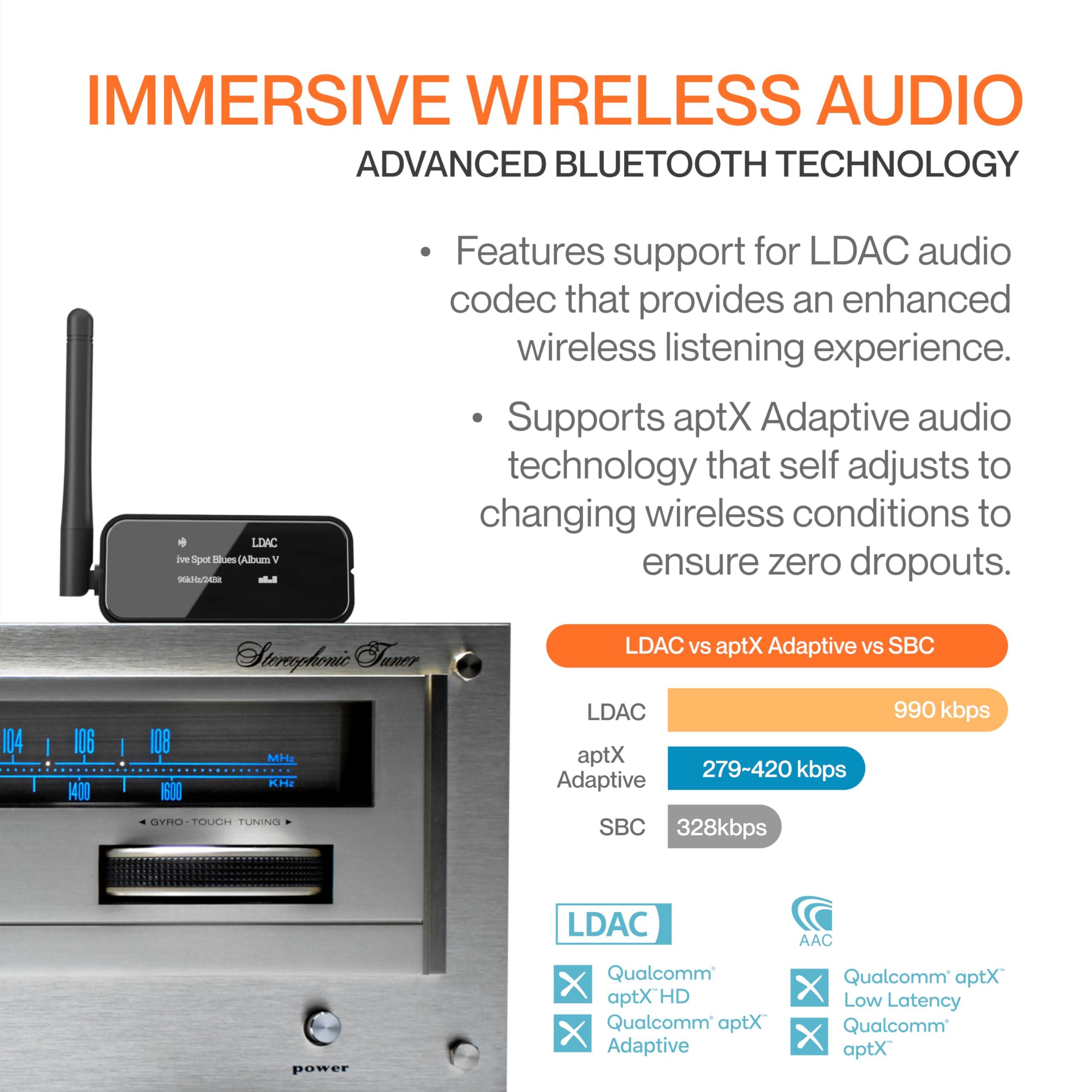 Auris Auris Blume Pro HiFi Bluetooth 5.3 Music Receiver Long Range Bluetooth Adapter with Audiophile DAC, LDAC, aptX HD, OLED Display & Optical Coaxial AUX Output for Home Stereo, AV Receiver or Amplifier