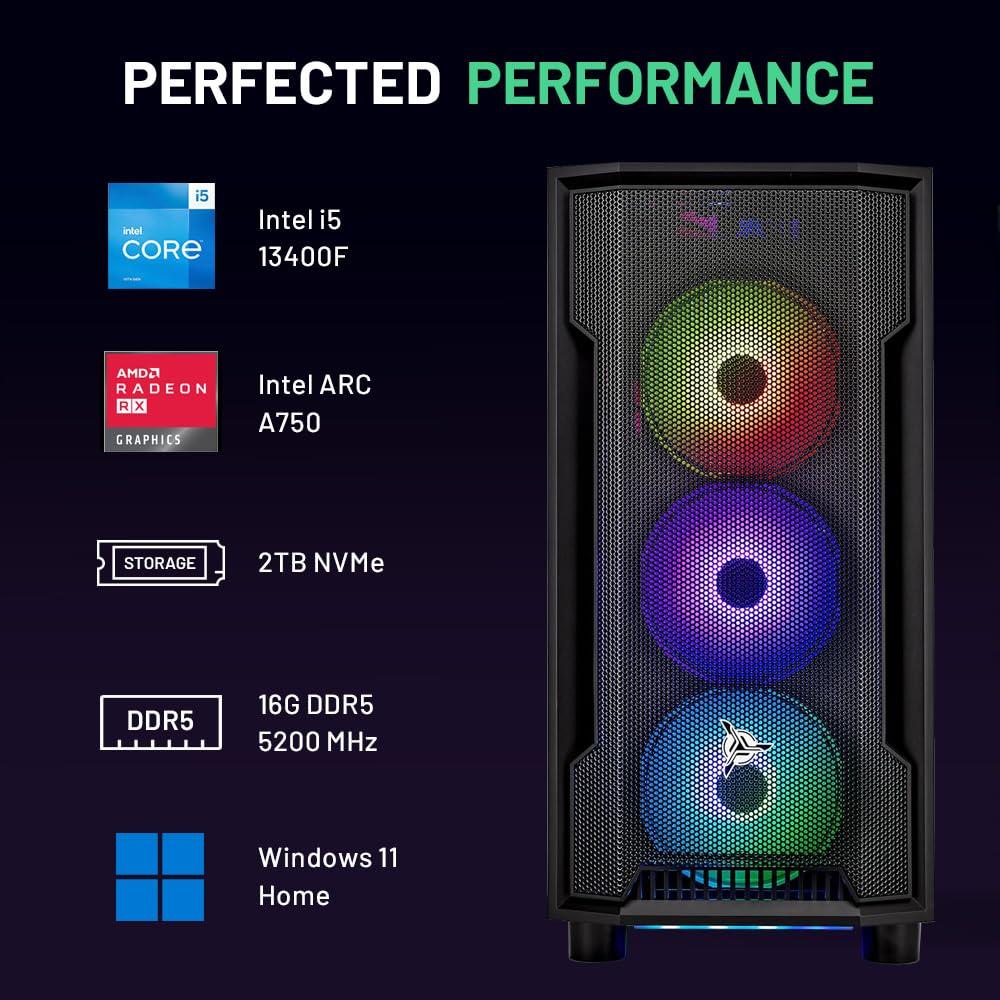 Skytech Gaming Skytech Shadow Gaming PC, Intel i5 13400F 2.5 GHz (4.6GHz Turbo Boost), Intel ARC A750 8GB GDDR6, 1TB SSD, 16GB DDR5 RAM 5200, 650W Gold PSU, Wi-Fi, Win 11 Home