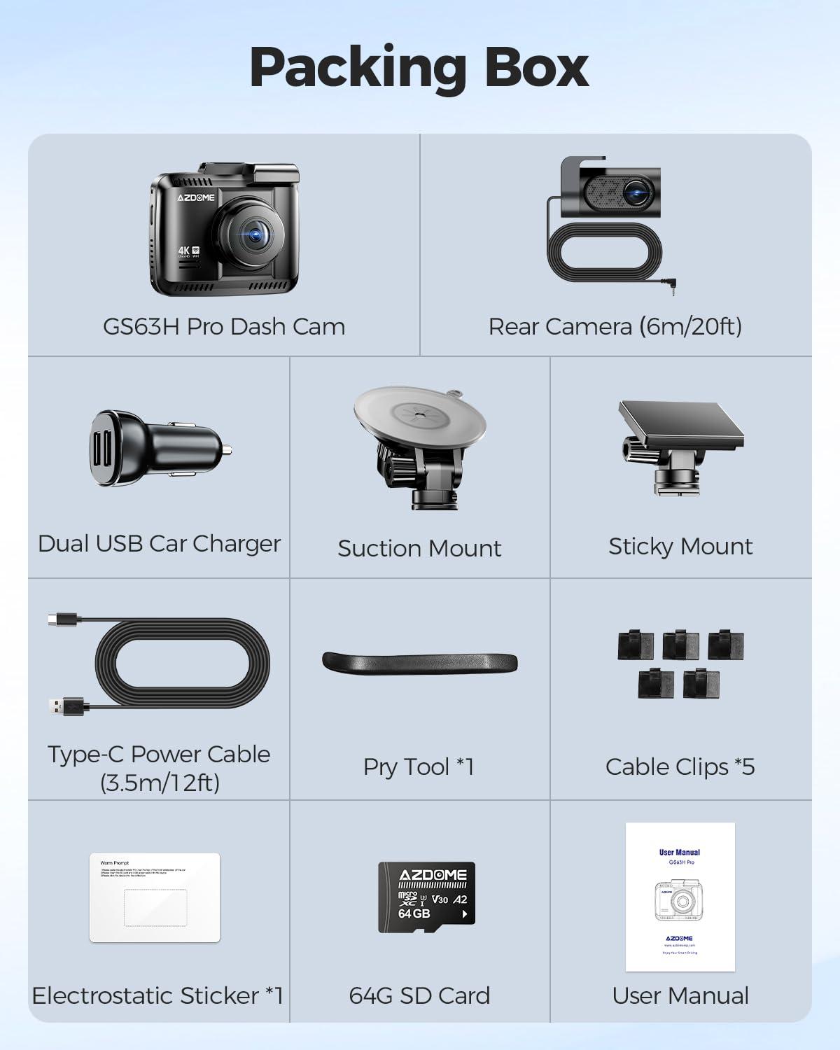 AZDOME AZDOME 4K Dash Cam Front and Rear, STARVIS Night Vision, UHD 2160P WiFi Dash Camera for Cars with GPS, Included 64GB Card, 2.4" IPS Screen Dashcam, 170Wide Angle, WDR, 24H Parking Mode (GS63H Pro)
