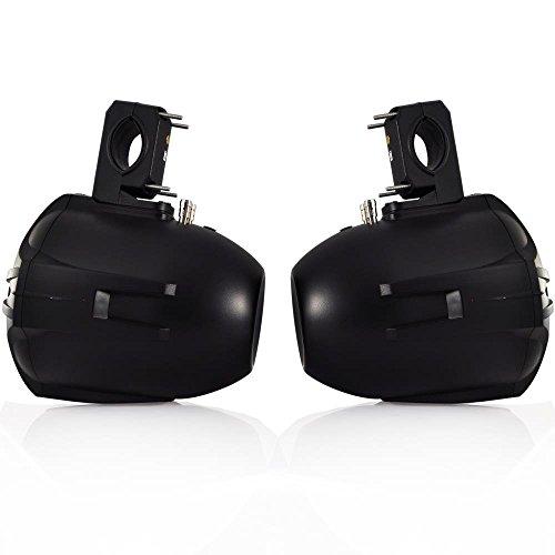 Sound Around Waterproof Marine Wakeboard Tower Speakers - 6.5” Dual Subwoofer Speaker Set and 1.0” Tweeters, LED Lights and 200 Watt Power - 2-way Boat Audio System with Mounting Bracket - PLMRWB65LEB (Black)