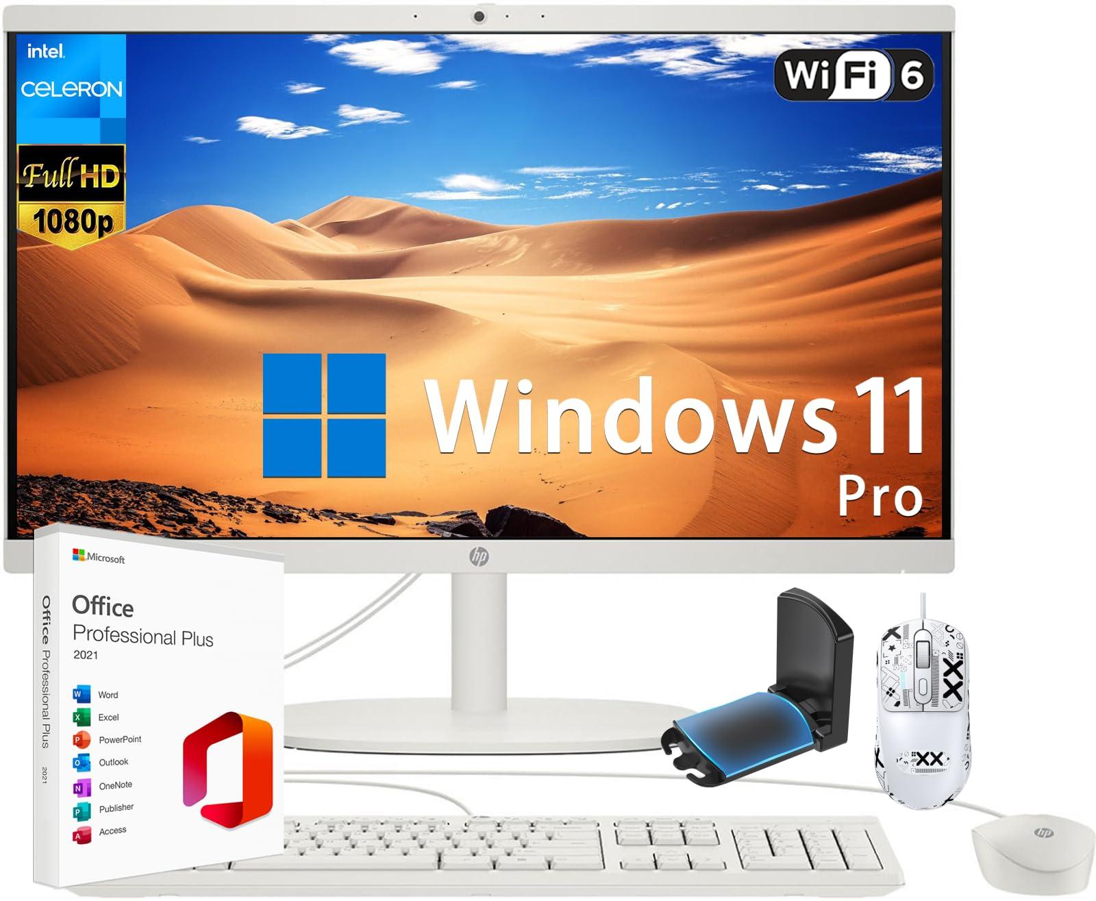 HP HP All-in-One Desktop, 21.5\" FHD Display, Intel Celeron J4025 Processor, 16 GB RAM, 512 GB PCIe SSD, Webcam, WiFi, HDMI, Windows 11 Pro & Office Lifetime License, Wired KB & Mouse Set, Headphone Stand