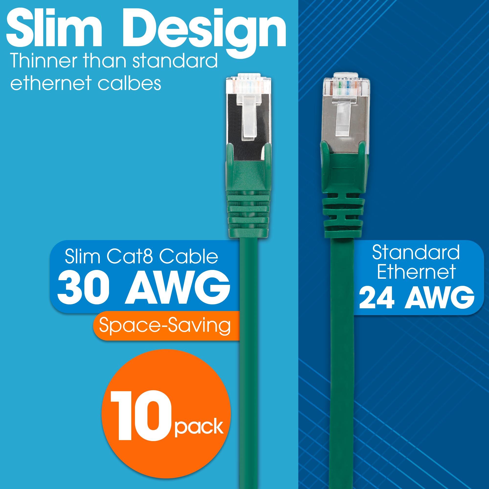 Intellinet Intellinet Slim Cat8 Ethernet Network Patch Cable 10-Pack - 40Gbps & 2000MHz, Snagless Boot, 30AWG Pure Bare Copper Wire, Gold-Plated Contacts, Lifetime Mfg Warranty 14ft, 10 Pack, Green