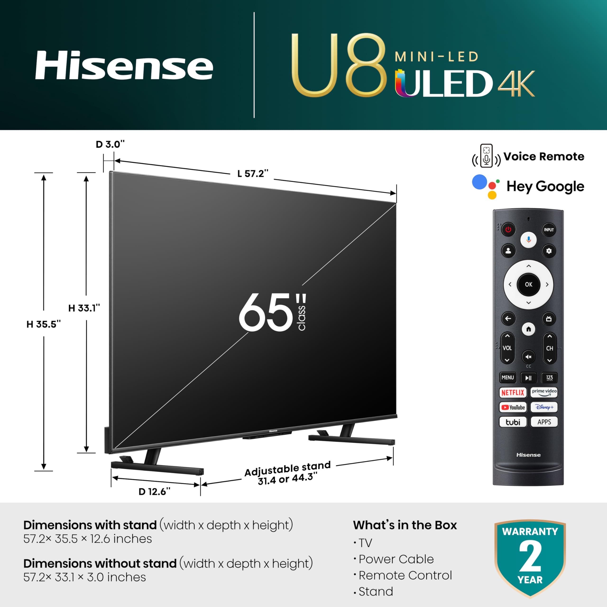 Hisense Hisense 65-Inch Class U8 Series Mini-LED ULED 4K UHD Google Smart TV (65U8K) - QLED, 480 Motion Rate, 144Hz Game Mode Pro, Dolby Vision IQ, HDMI 2.1, Alexa Compatibility, 2.1.2 Multi-Channel Audio